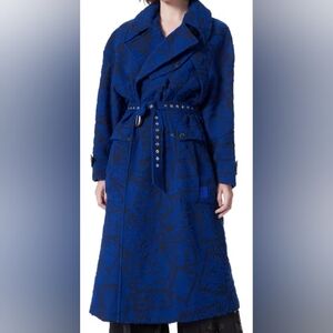 DEE OCLEPPO Royal Blue Textured Long Trench Coat with Studded Belt